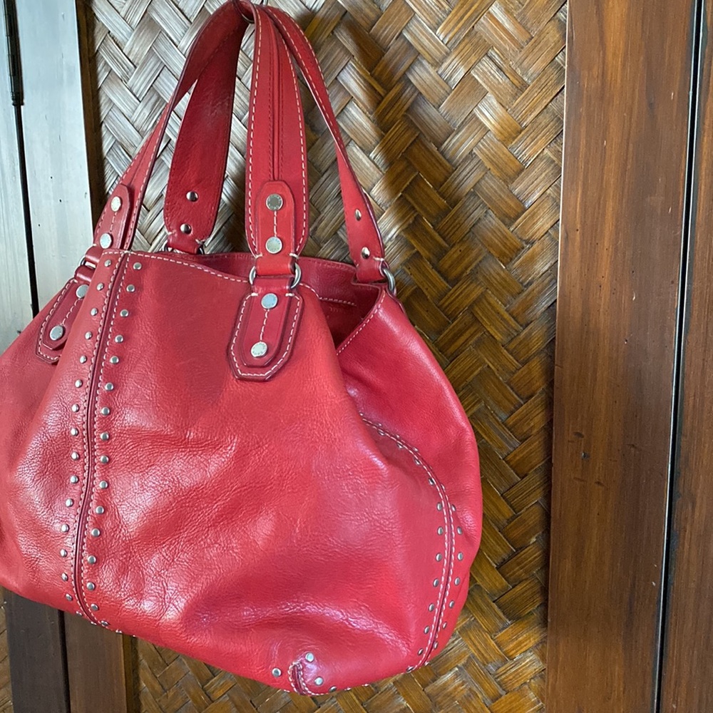 MICHAEL KORS - Red Pebble Leather Studded Handbag - Picture 4 of 10